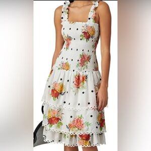 FARM Rio White Floral Tiered Smocked Midi Dress with Black Polka Dots
